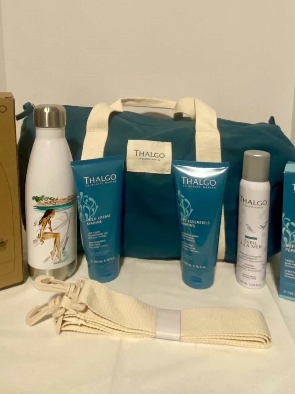 NWT Thalgo Bundle Body Milk Marine Scrub Stretch Mark Cream Mist Duffel Bottle